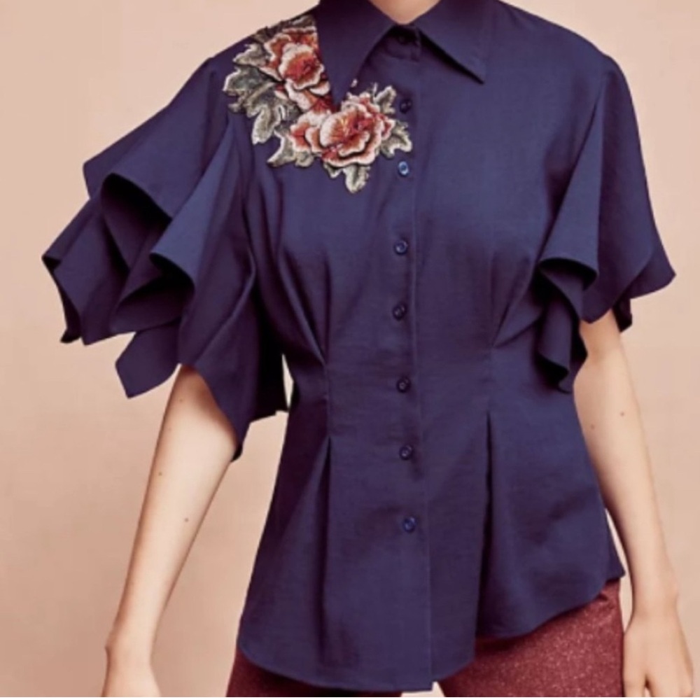 NWT - Anthropologie Zinnia Flutter Sleeve Navy Blue Women's Top - Picture 2 of 3